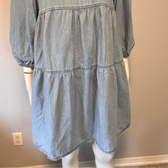 Mango Denim Tiered Smock Cotton Dress with Puff Sleeves in Blue Size 6 - Picture 3 of 11
